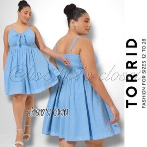 Torrid Blue Swiss Dot Embroidered Challis Tie Front Skater Swing Dress 2X 18 20